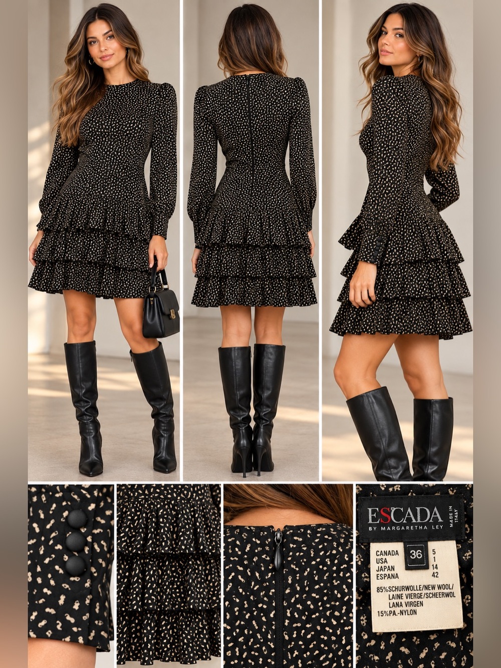 Vintage ESCADA Margaretha Ley Wool Tiered Ruffle Dress Size 36 Black Print
